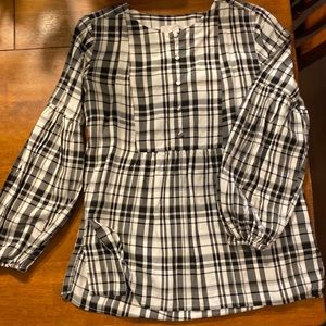 LOFT Babydoll Plaid Blouse or Shirt with Buttons and Puffed Sleeves-Small